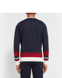 weißer und roter und dunkelblauer horizontal gestreifter Pullover mit einem Rundhalsausschnitt von Piombo