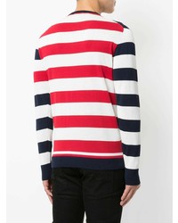 weißer und roter und dunkelblauer horizontal gestreifter Pullover mit einem Rundhalsausschnitt von Loveless