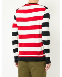 weißer und roter und dunkelblauer horizontal gestreifter Pullover mit einem Rundhalsausschnitt von Loveless