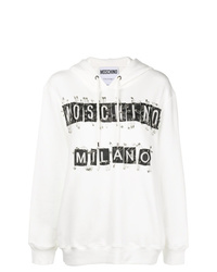 weißer und schwarzer bedruckter Pullover mit einer Kapuze von Moschino