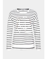 weißer und schwarzer horizontal gestreifter Pullover mit einem Rundhalsausschnitt von Comma