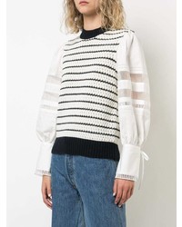 weißer und schwarzer horizontal gestreifter Pullover mit einem Rundhalsausschnitt von Sea