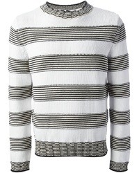 weißer und schwarzer horizontal gestreifter Pullover mit einem Rundhalsausschnitt von Dondup