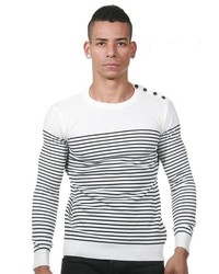 weißer und schwarzer horizontal gestreifter Pullover mit einem Rundhalsausschnitt von EX-PENT