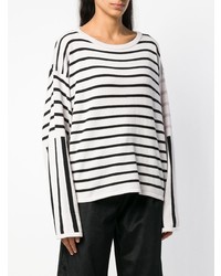 weißer und schwarzer horizontal gestreifter Pullover mit einem Rundhalsausschnitt von Fine Edge