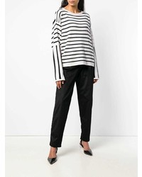 weißer und schwarzer horizontal gestreifter Pullover mit einem Rundhalsausschnitt von Fine Edge