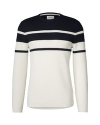 weißer und schwarzer horizontal gestreifter Pullover mit einem Rundhalsausschnitt von Marc O'Polo Denim