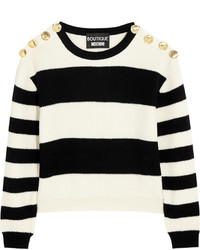 weißer und schwarzer horizontal gestreifter Pullover mit einem Rundhalsausschnitt von Moschino