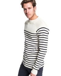 weißer und schwarzer horizontal gestreifter Pullover mit einem Rundhalsausschnitt von Quiksilver
