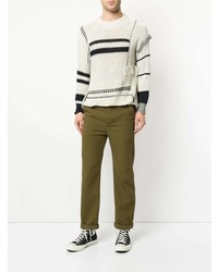 weißer und schwarzer horizontal gestreifter Pullover mit einem Rundhalsausschnitt von Maison Flaneur