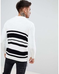 weißer und schwarzer horizontal gestreifter Pullover mit einem Rundhalsausschnitt von Bershka