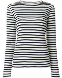 weißer und schwarzer horizontal gestreifter Pullover mit einem Rundhalsausschnitt von Totême