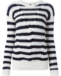 weißer und schwarzer horizontal gestreifter Pullover mit einem Rundhalsausschnitt von Woolrich