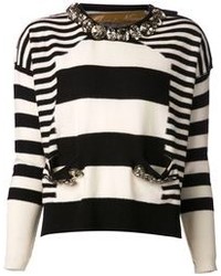 weißer und schwarzer horizontal gestreifter Pullover mit einem Rundhalsausschnitt von Zhor & Nema