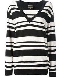 weißer und schwarzer horizontal gestreifter Pullover mit einem V-Ausschnitt