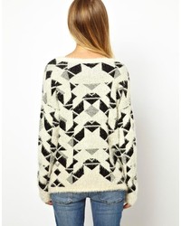 weißer und schwarzer Pullover mit einem Rundhalsausschnitt mit geometrischem Muster von Vero Moda