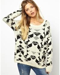 weißer und schwarzer Pullover mit einem Rundhalsausschnitt mit geometrischem Muster von Vero Moda