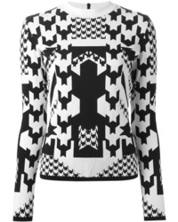 weißer und schwarzer Pullover mit einem Rundhalsausschnitt mit Hahnentritt-Muster