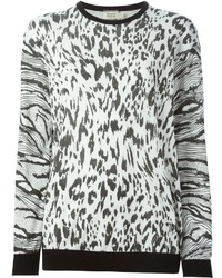weißer und schwarzer Pullover mit einem Rundhalsausschnitt mit Leopardenmuster von Fausto Puglisi