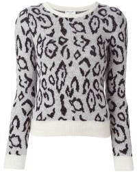 weißer und schwarzer Pullover mit einem Rundhalsausschnitt mit Leopardenmuster von Saint Laurent