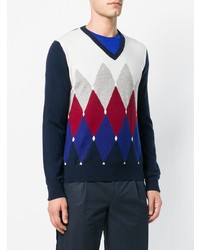 weißer und schwarzer Pullover mit einem V-Ausschnitt mit Argyle-Muster von Ballantyne