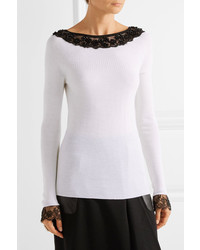 weißer verzierter Wollpullover von Oscar de la Renta