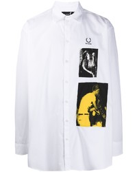 weißes bedrucktes Langarmhemd von Raf Simons X Fred Perry