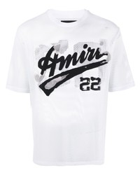 weißes bedrucktes T-Shirt mit einem Rundhalsausschnitt aus Netzstoff von Amiri