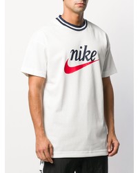 weißes bedrucktes T-Shirt mit einem Rundhalsausschnitt aus Netzstoff von Nike