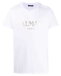 weißes bedrucktes T-Shirt mit einem Rundhalsausschnitt von Balmain