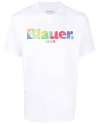 weißes bedrucktes T-Shirt mit einem Rundhalsausschnitt von Blauer