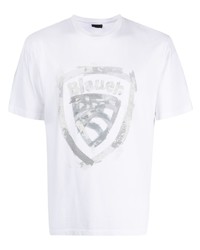 weißes bedrucktes T-Shirt mit einem Rundhalsausschnitt von Blauer