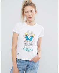 weißes bedrucktes T-Shirt mit einem Rundhalsausschnitt von Illustrated People