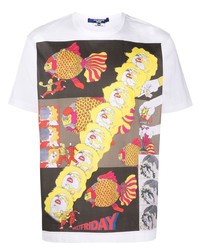 weißes bedrucktes T-Shirt mit einem Rundhalsausschnitt von Junya Watanabe