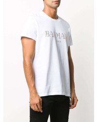 weißes bedrucktes T-Shirt mit einem Rundhalsausschnitt von Balmain