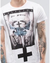 weißes bedrucktes T-Shirt mit einem Rundhalsausschnitt von Religion