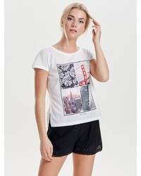 weißes bedrucktes T-Shirt mit einem Rundhalsausschnitt von Only