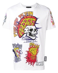 weißes bedrucktes T-Shirt mit einem Rundhalsausschnitt von Philipp Plein