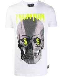 weißes bedrucktes T-Shirt mit einem Rundhalsausschnitt von Philipp Plein