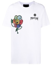 weißes bedrucktes T-Shirt mit einem Rundhalsausschnitt von Philipp Plein