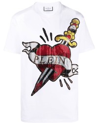 weißes bedrucktes T-Shirt mit einem Rundhalsausschnitt von Philipp Plein