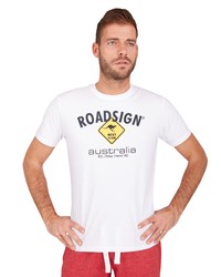 weißes bedrucktes T-Shirt mit einem Rundhalsausschnitt von ROADSIGN australia