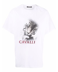 weißes bedrucktes T-Shirt mit einem Rundhalsausschnitt von Roberto Cavalli