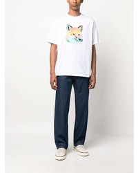 weißes bedrucktes T-Shirt mit einem Rundhalsausschnitt von MAISON KITSUNÉ