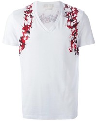 weißes bedrucktes T-Shirt mit einem V-Ausschnitt von Alexander McQueen
