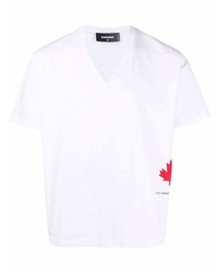 weißes bedrucktes T-Shirt mit einem V-Ausschnitt von DSQUARED2