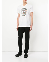 weißes bedrucktes T-Shirt mit einem V-Ausschnitt von Loveless