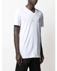 weißes bedrucktes T-Shirt mit einem V-Ausschnitt von Philipp Plein