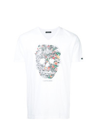 weißes bedrucktes T-Shirt mit einem V-Ausschnitt von Loveless