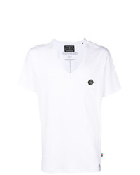 weißes bedrucktes T-Shirt mit einem V-Ausschnitt von Philipp Plein